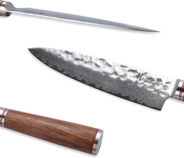 Wakoli Nussbaum Chefmesser mit 20 cm Klinge aus 67 Lagen Damaststahl mit VG10 Kern, Hammerschlag, Nu