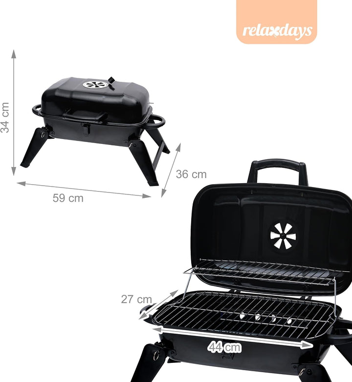 Relaxdays Tischgrill, tragbarer Klappgrill, HBT: 34 x 59 x 36 cm, Warmhalterost, Lüftung, Kohlegrill
