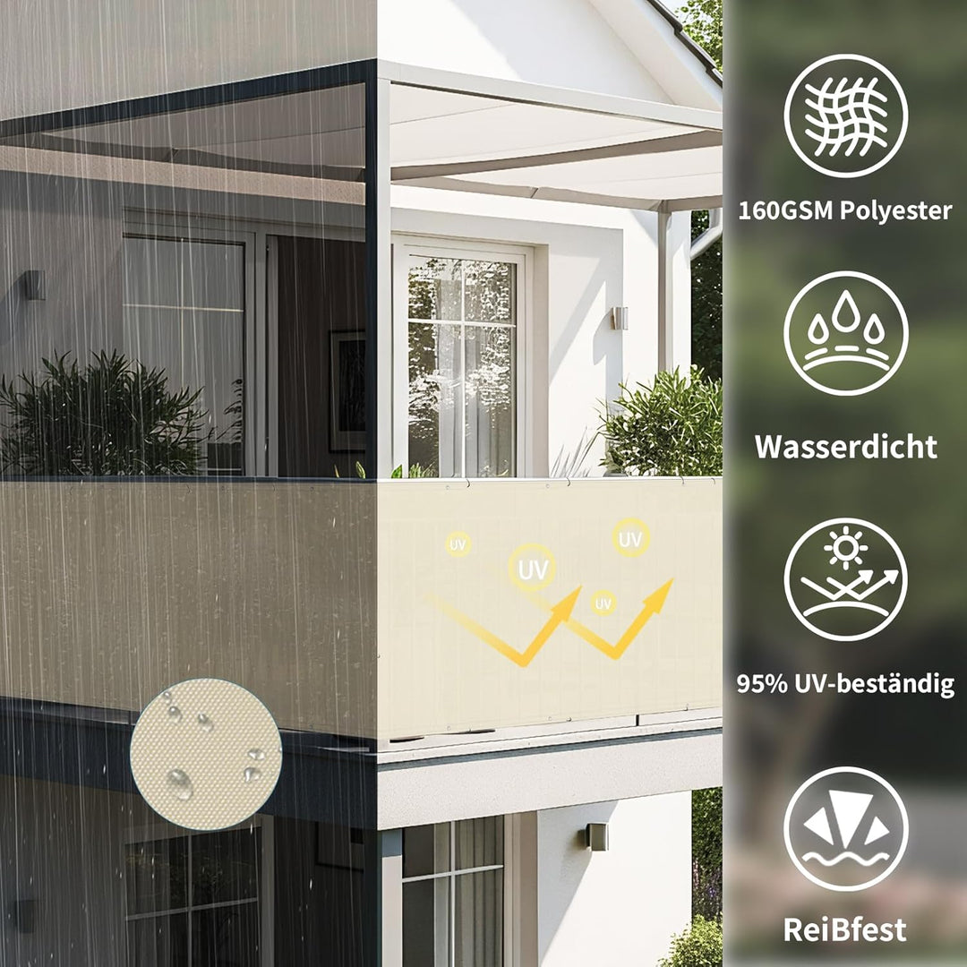 Shade&amp;Beyond Balkon Sichtschutz Wetterfest 90x300cm, 95% UV-Schutz Balkonabdeckung mit Kabelbinder f