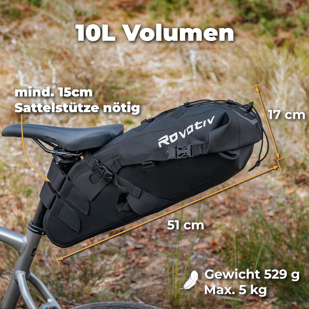 Rovativ® - Bikepacking Satteltasche [10 Liter] 100% Wasserdicht - super Fester Halt - Fahrrad Sattel