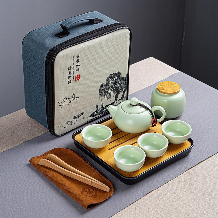 Teekanne Sets, Chinesisches Kungfu Teeservice, Keramik Teekanne mit 4 Tassen und Teedose & Tablett,