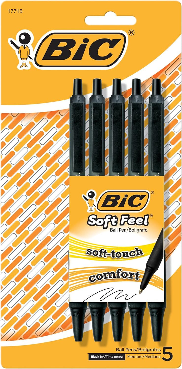 BIC Soft Feel Retractable Ball Pen, Medium Point (1.0 mm), Black, 5-Count by BIC
