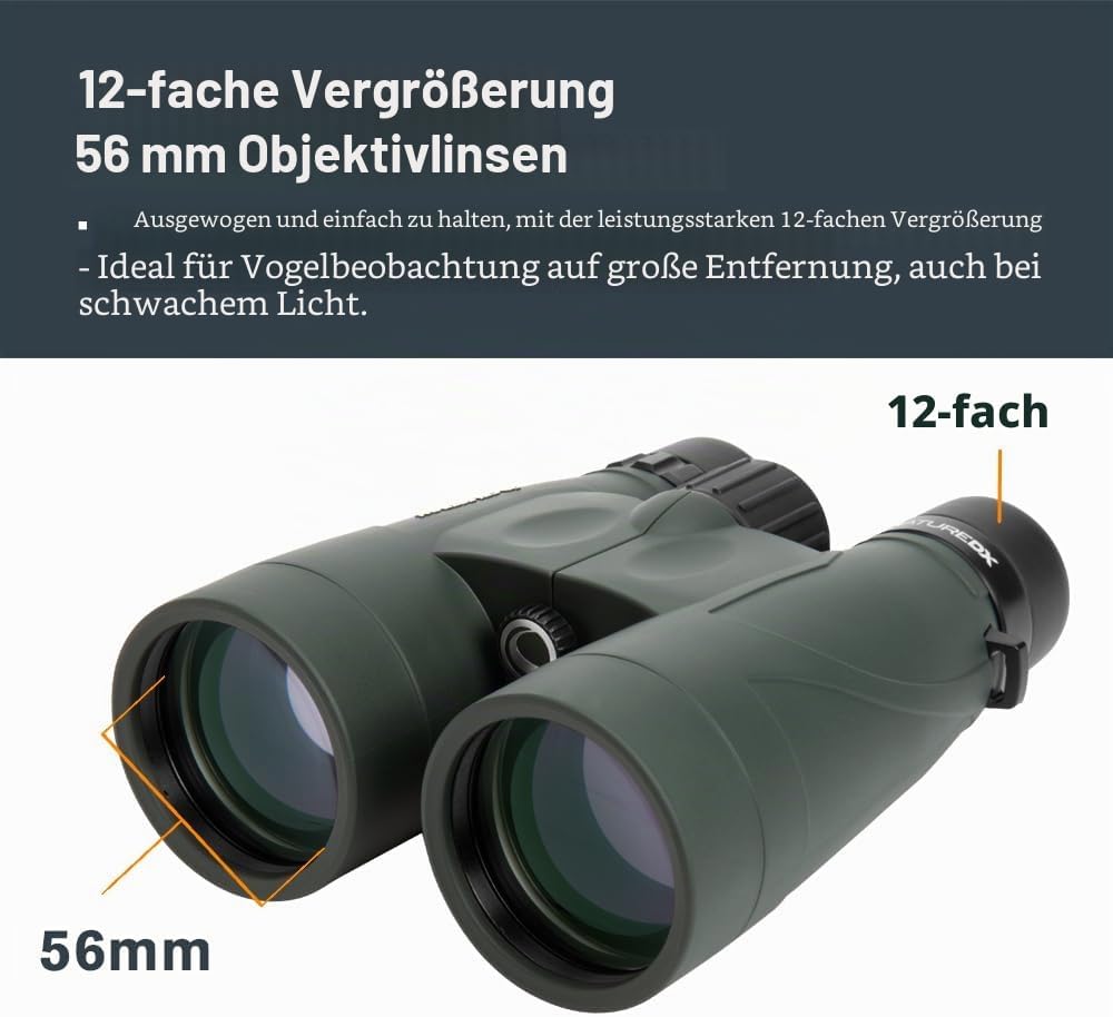 Celestron 71336-CGL Nature DX Fernglas, mit 12 x 56 Vergrösserung, mit BaK4-Prismen, Schwarz Nature