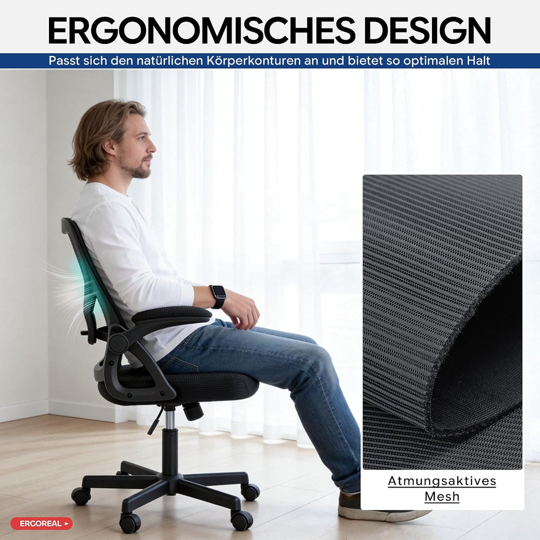 Bürostuhl ergonomisch – Schreibtischstuhl Netz, Lendenstütze 150kg | Klappbare Armlehnen, verstellba