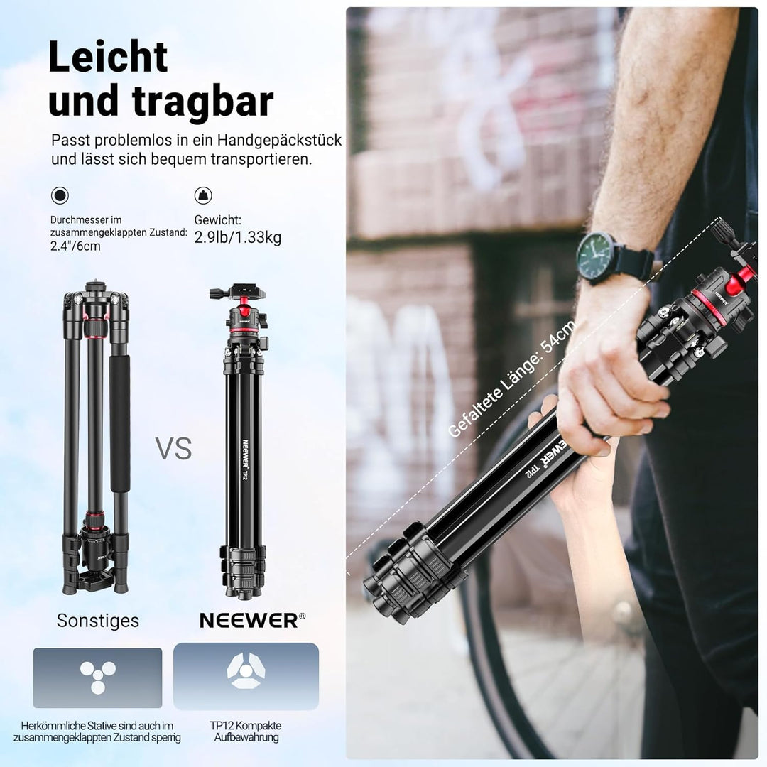 NEEWER Basics 169cm Reisestativ für Kamera, leichtes DSLR Stativ mit Kugelkopf, Arca Typ Schnellwech