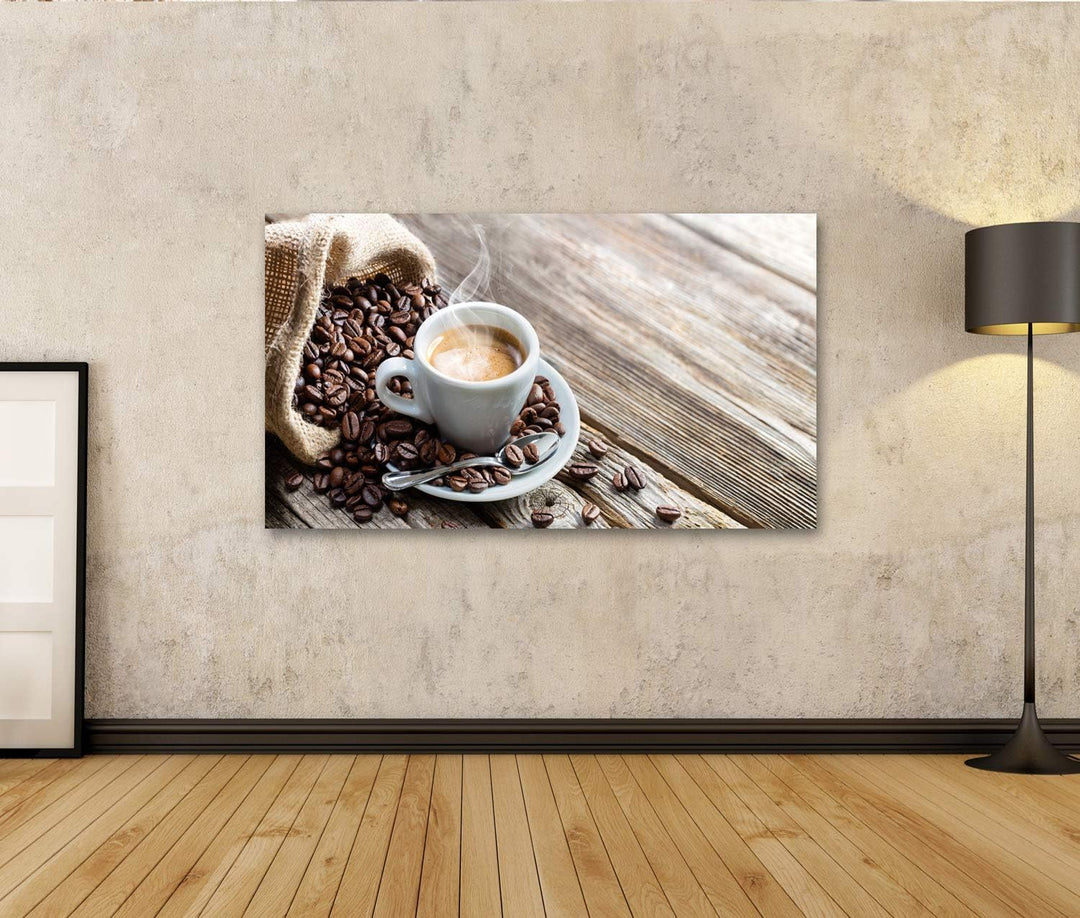 islandburner Bild auf Leinwand Espresso Kaffeetasse Bohnen Vintage Tisch Bilder Wandbilder Poster, L