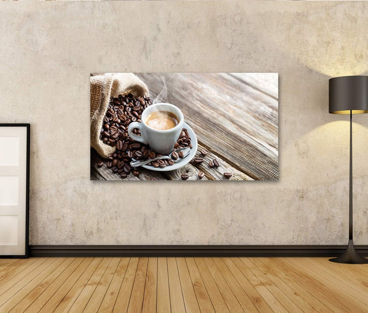 islandburner Bild auf Leinwand Espresso Kaffeetasse Bohnen Vintage Tisch Bilder Wandbilder Poster, L
