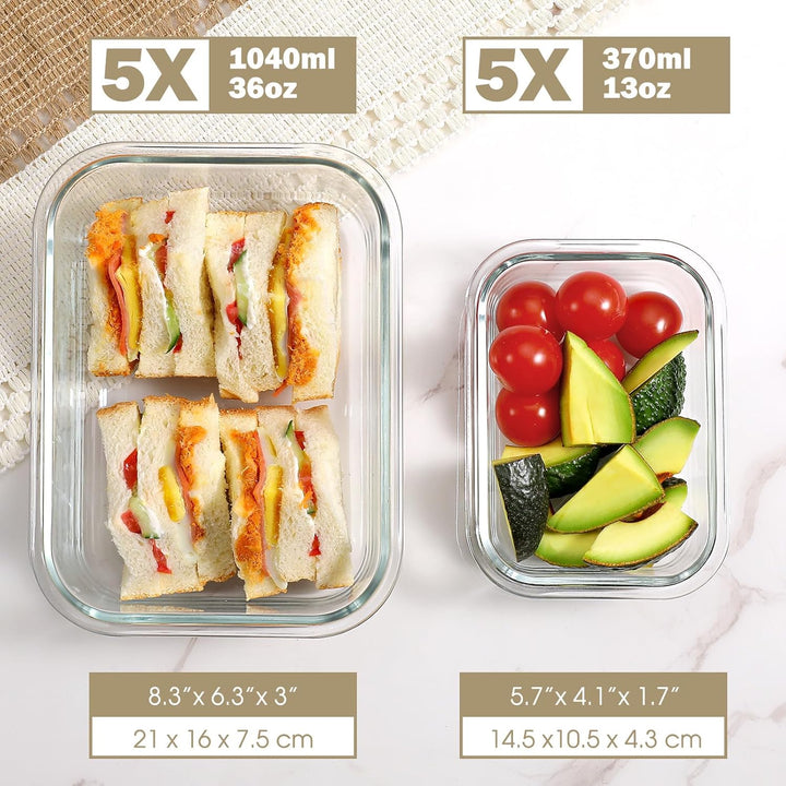 YASHE Glasbehälter mit Deckel, 10 Teile Stapelbar & Luftdicht Meal Prep Boxen Glas für Spülmaschine,