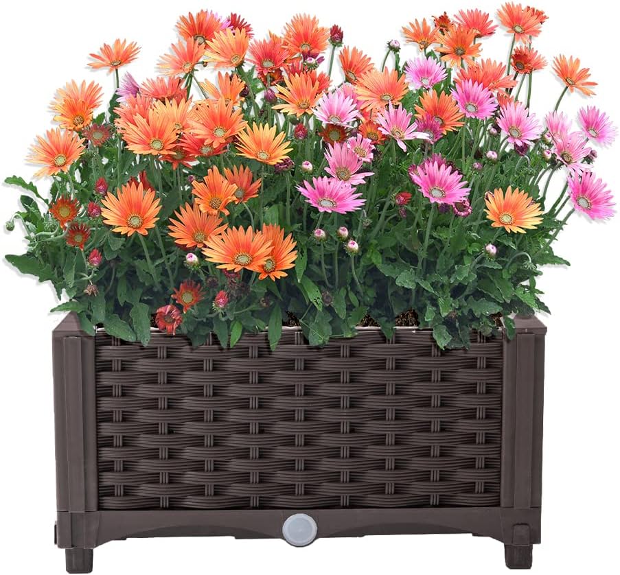 Mingone Blumentopf Rattan Optik aus Kunststoff Blumenkasten Balkonkasten mit Wasserspeicher Pflanzka