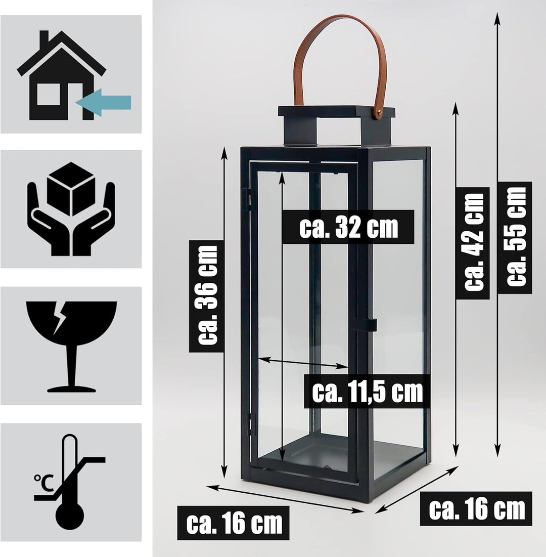 Dekovita 2er-Set Laterne in Schwarz 30cm/42cm - Gartenlaterne mit Glas-Scheiben und Kunstleder-Henke