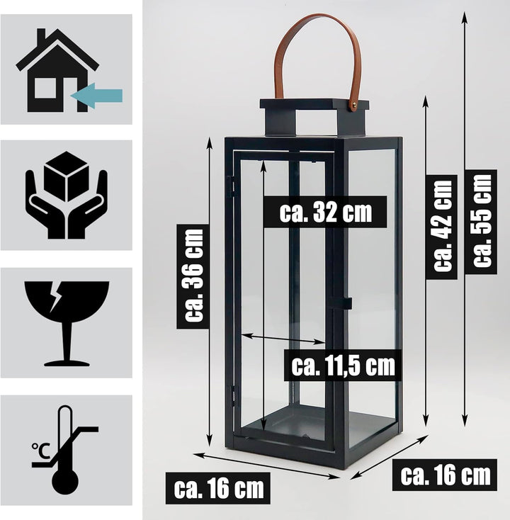 Dekovita 2er-Set Laterne in Schwarz 30cm/42cm - Gartenlaterne mit Glas-Scheiben und Kunstleder-Henke