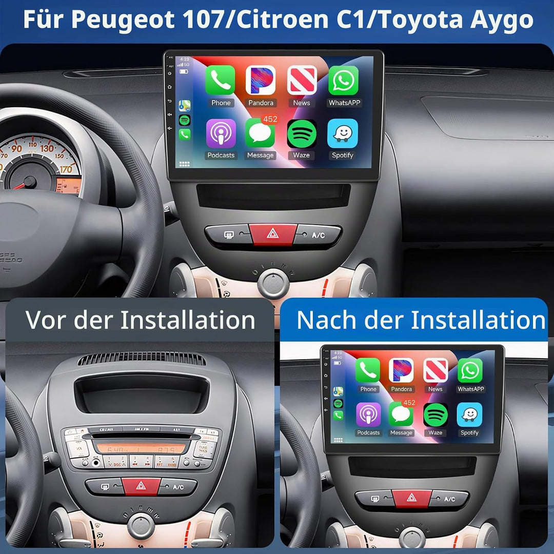 Podofo 10,1 Zoll Autoradio für Peugeot 107/Citroen C1/Toyota Aygo, kabelloses Carplay, Android Auto,
