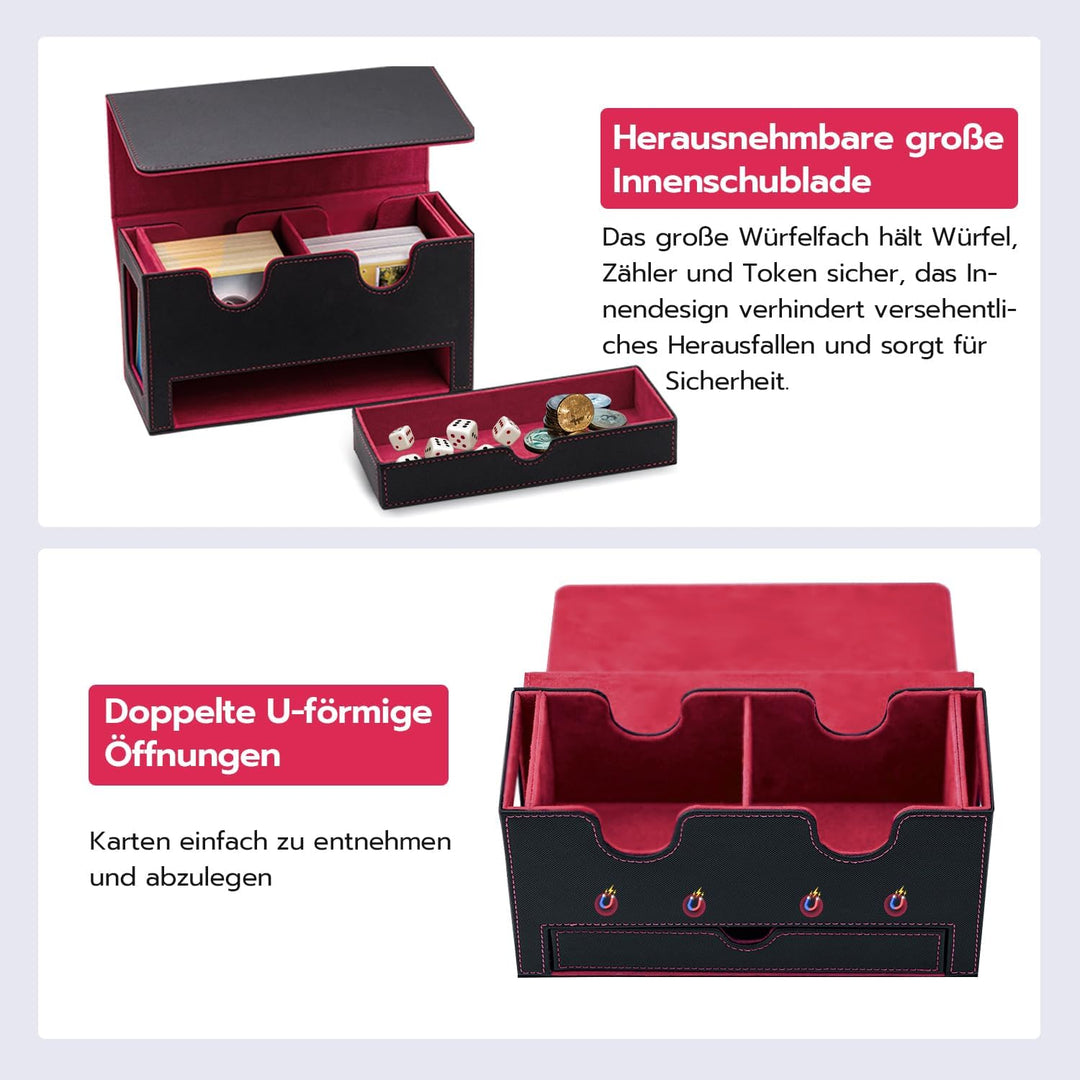 Doppelschicht Card Deck Box für MTG，Gathering Kartenbox mit Schaufenster und Würfelfach PU Leder Sta