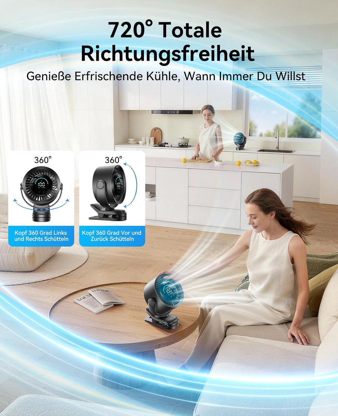 KIMMOO Clip-Ventilator Wiederaufladbar, 100 Stufen USB-Tischventilator mit LED-Display, 360° Rotatio