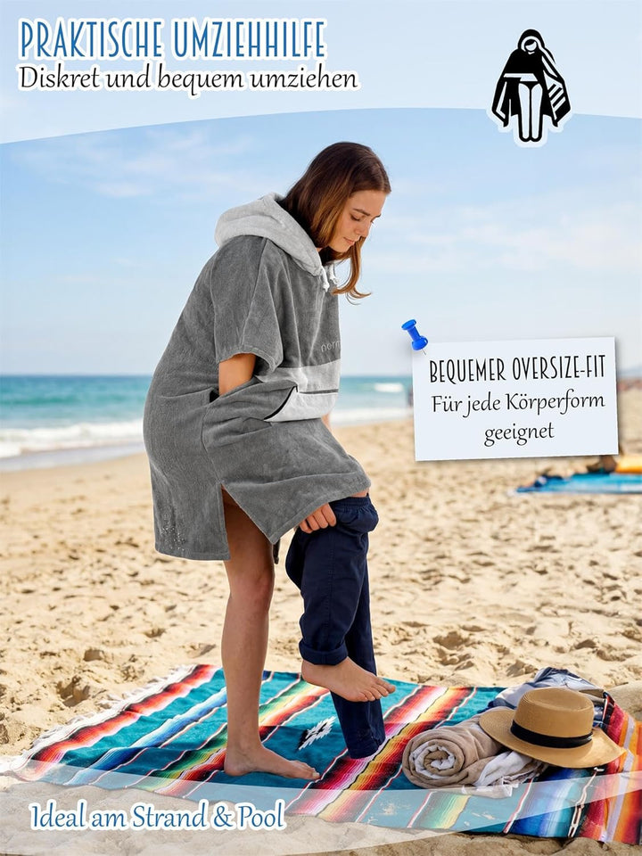 normani Baumwoll Surfer Poncho - Strandponcho - Handtuch-Poncho - Unisex Strand Umziehhilfe - geschl