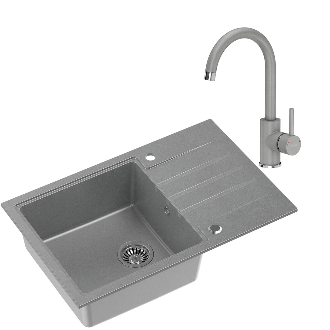 VBChome Spüle mit Armatur 78 x 50 cm Tiefes Becken 20cm Grau Küche Grosse Abtropfflache Einbauspüle