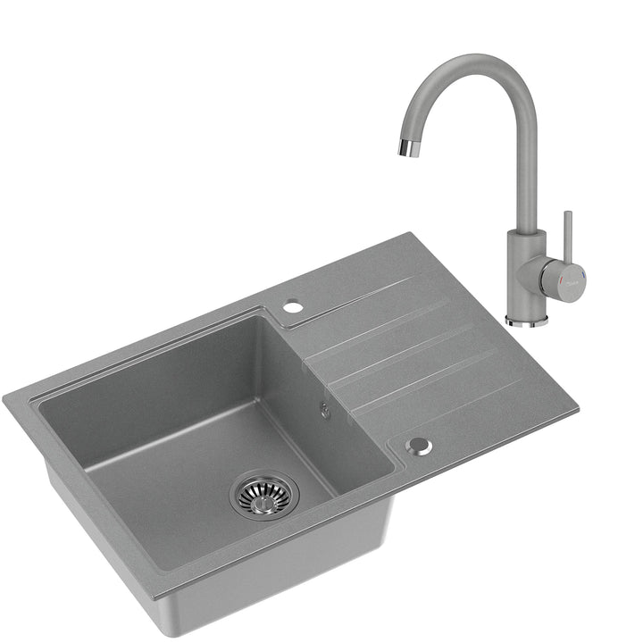 VBChome Spüle mit Armatur 78 x 50 cm Tiefes Becken 20cm Grau Küche Grosse Abtropfflache Einbauspüle