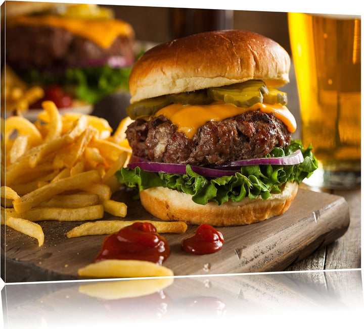 Pixxprint Saftiger Chili Cheese Burger als Leinwandbild/Grösse: 100x70 / Wandbild/Kunstdruck/fertig