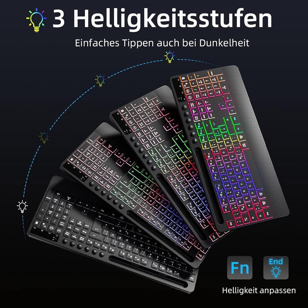 Hamile Tastatur Maus Set kabellos Beleuchtete mit Telefonhalter, 2,4 GHz USB-A/C wiederaufladbar Tas