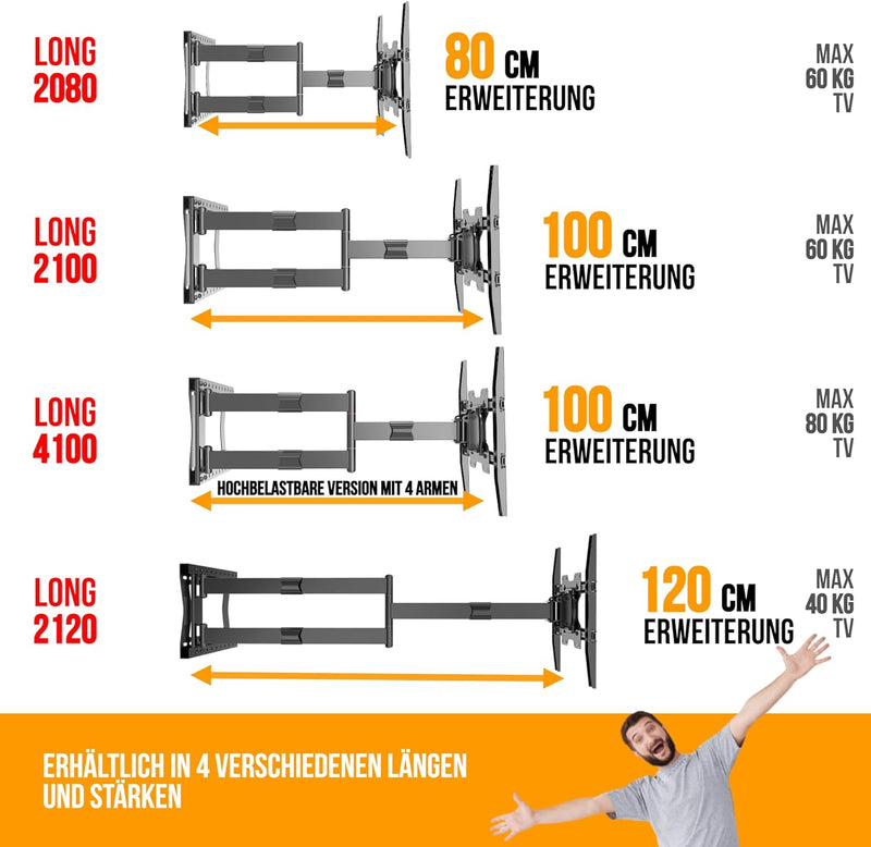 Nanook 2100 Langarm-TV-Wandhalterung für 42-75-Zoll-Fernseher, Extra langer Auszug bis zu 100 cm, St