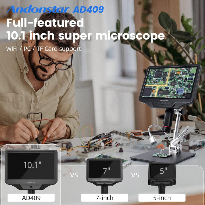 Andonstar AD409 HDMI-Digitalmikroskop, 10,1-Zoll-LCD-Bildschirm-Lötmikroskop, 300-fache elektronisch