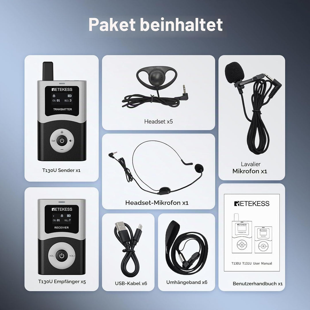 Retekess T130U (T130 4rd) Audio Tour Guide System, Kabelloses Reiseleiter-Set, 200m, U-Band-Modus mi