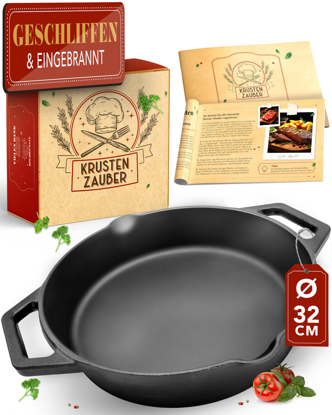KRUSTENZAUBER Gusseisenpfanne Induktion 32cm Doppelgriff - inkl. Anleitung und Rezeptbuch - Geschlif