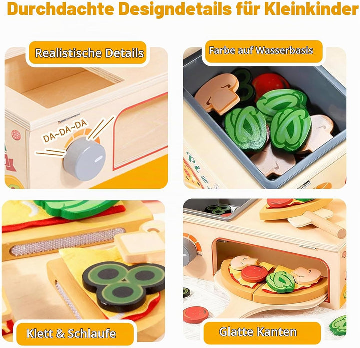 Pizza Holzspielzeug Kinderküche, Spielküche Zubehör Holz, 50PCS Pizzaofen mit Pizzaschneider, Küchen