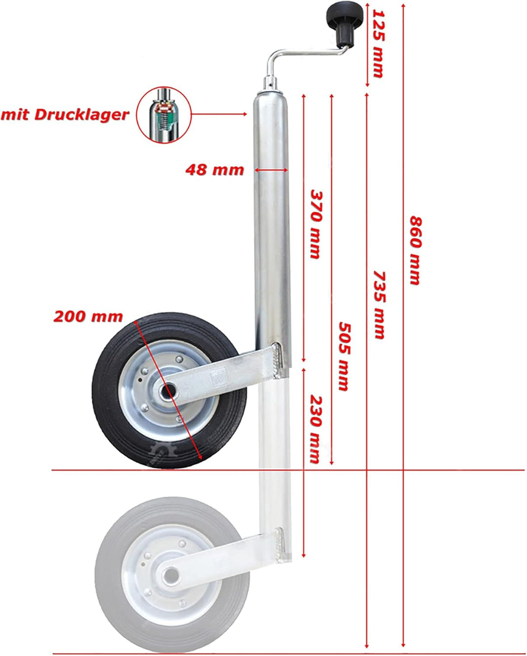 The Drive | Stützrad 150kg | für PKW Anhänger | Ø 48mm Rohrdurchmesser | Bugrad Laufrad