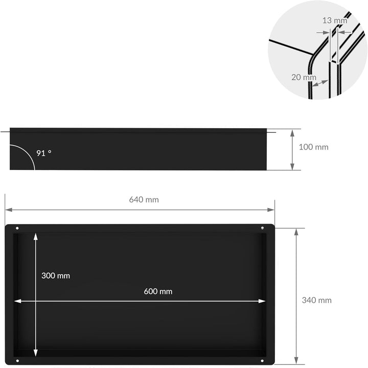 LuxeBath Wandnische aus Edelstahl, 60x30x10 cm, Schwarz, Duschnische, Randlos, Einbauregal, Flexible