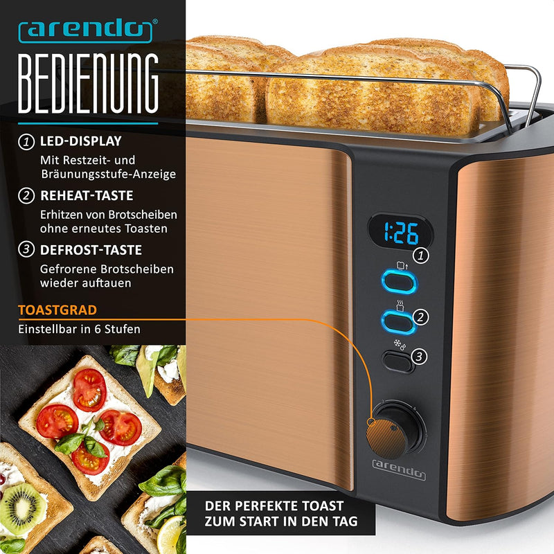 Arendo - Wasserkocher mit Toaster SET Edelstahl Kupfer, Wasserkocher 1,5L 40° 100°C Warmhaltefunktio