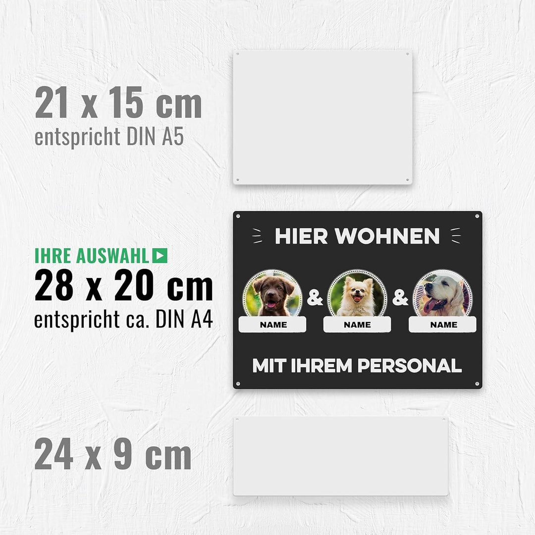 Hunde Schild personalisiert - Hier wohnt mit Personal - Metallschild mit Foto und Name für aussen, w