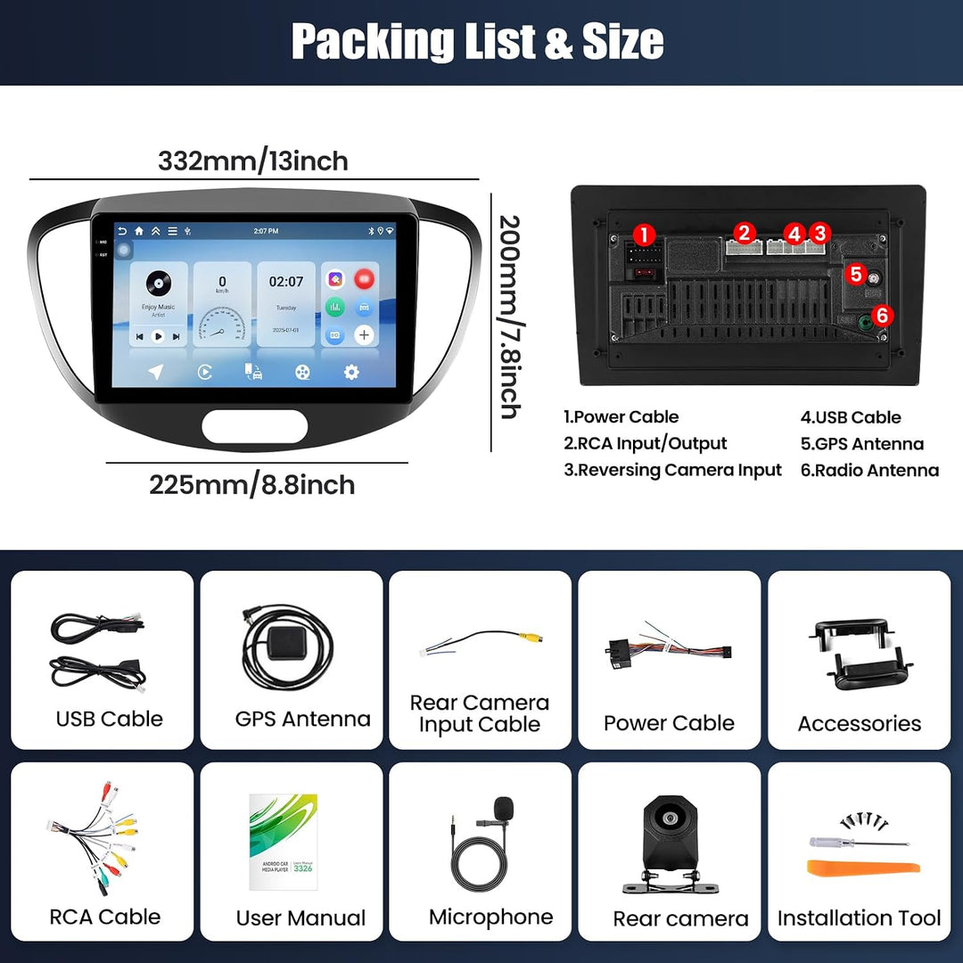 4+128G Android 15 CAMECHO Navi Autoradio für Hyundai i10 2007-2013 mit GPS WiFi FM RDS, Radio Blueto