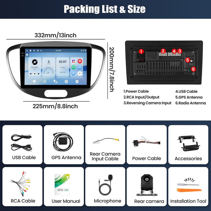 4+128G Android 15 CAMECHO Navi Autoradio für Hyundai i10 2007-2013 mit GPS WiFi FM RDS, Radio Blueto