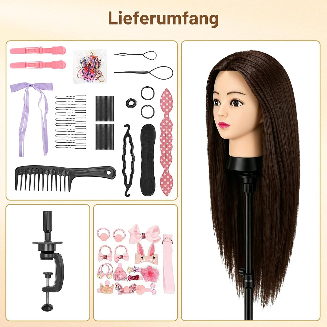 TwoWin 60 cm Trainingsköpfe Friseur, 24 Zoll Frisierkopf mit 80% Echthaar Rotbraun, Rotbraun