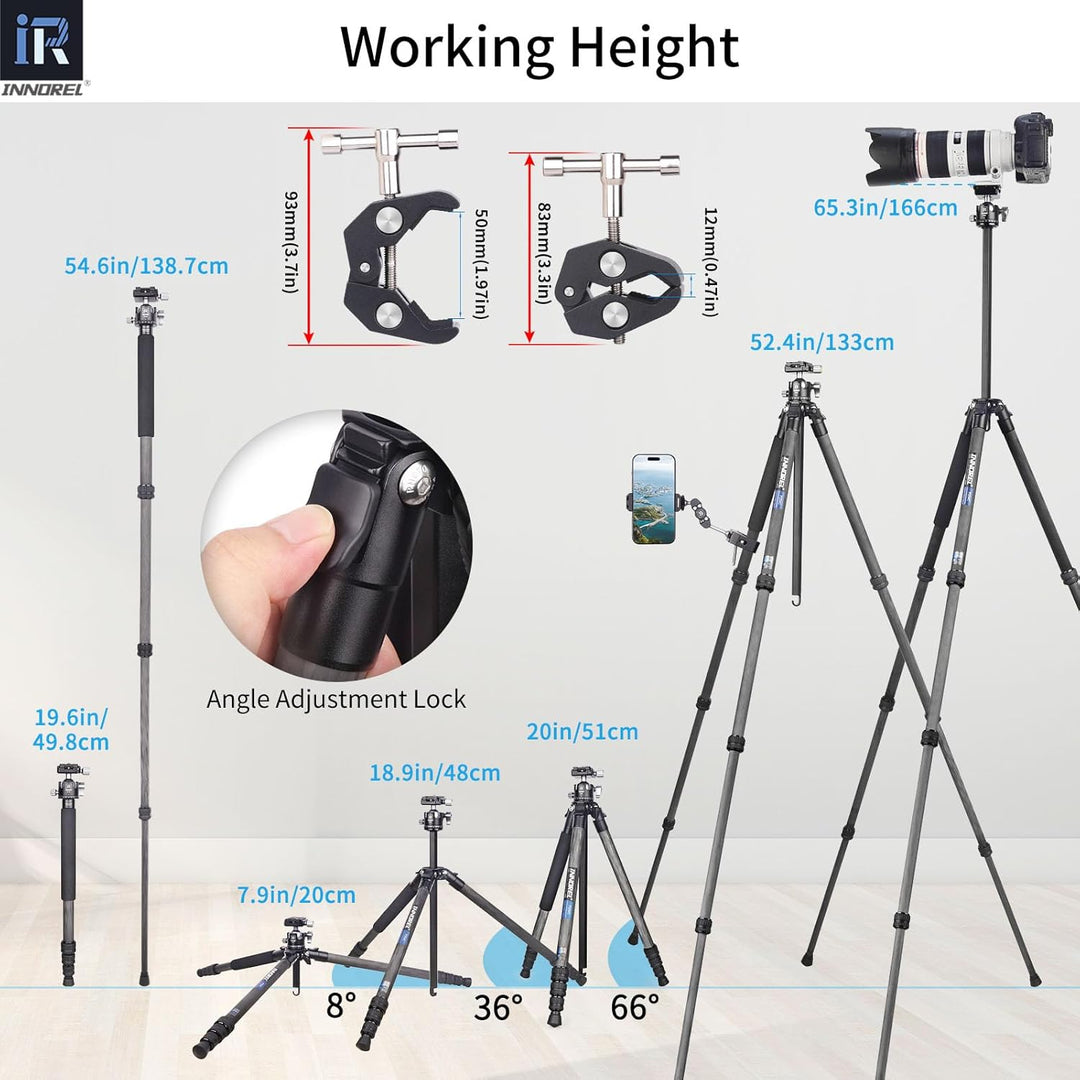 INNOREL P254C Kohlefaser-Stativ, 158,8 cm, kompaktes, leichtes Stativ und Einbeinstativ für DSLR-Kam