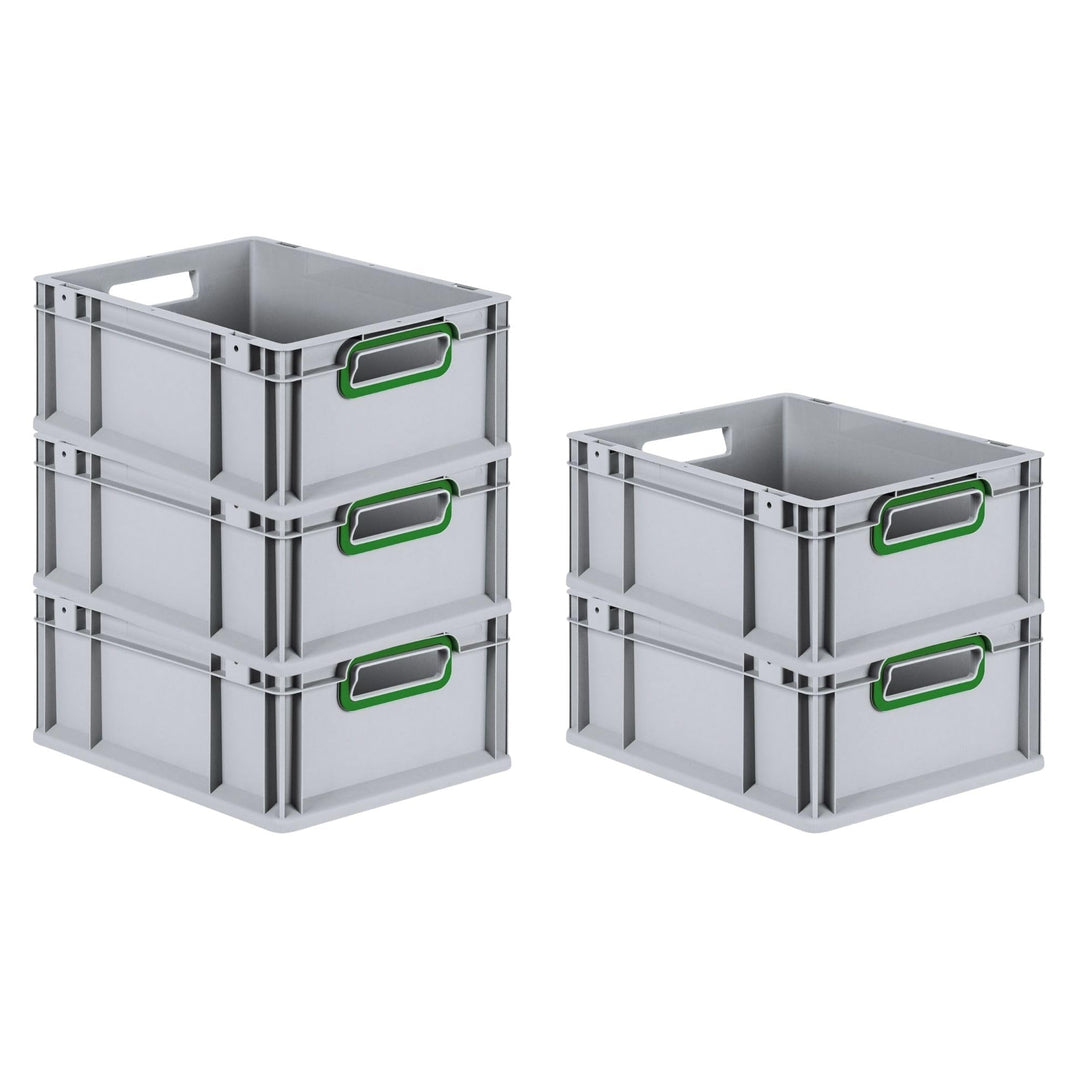 SparSet 5x Eurobox NextGen Color | HxBxT 17x30x40cm | 16 Liter | Griffe grün offen | Glatter Boden |