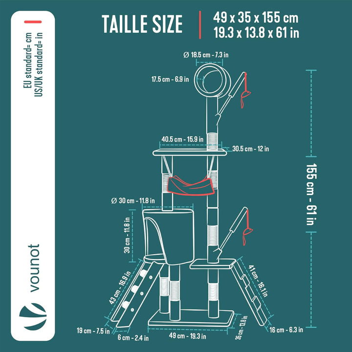 VOUNOT® Kratzbaum Katzenbaum 155 cm hoch, Stabil Mehrstöckiger Kletterbaum Katzenkratzbaum mit Kratz