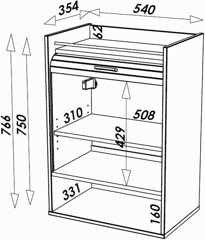 SIMMOB Küchenmöbel, weiss, Vorhang schwarz oder weiss, 4 Fächer, L 54 cm, H 76,6 cm, T 35,4 cm
