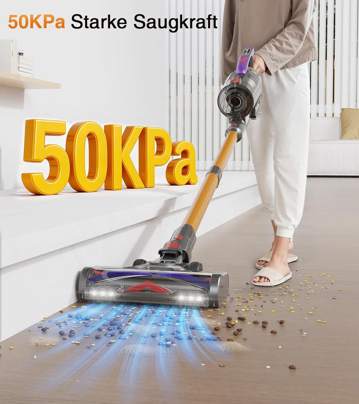 CHEBIO Akku Staubsauger 50000Pa/600W/75Min, 1.8L Staubsauger Kabellos mit Freistehender, LED Display