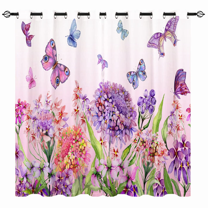 YUANZU Blumen Schmetterling Vorhänge Sommer Aquarell Blume Bunt Ösen Gardinen mit Blickdichte Thermo