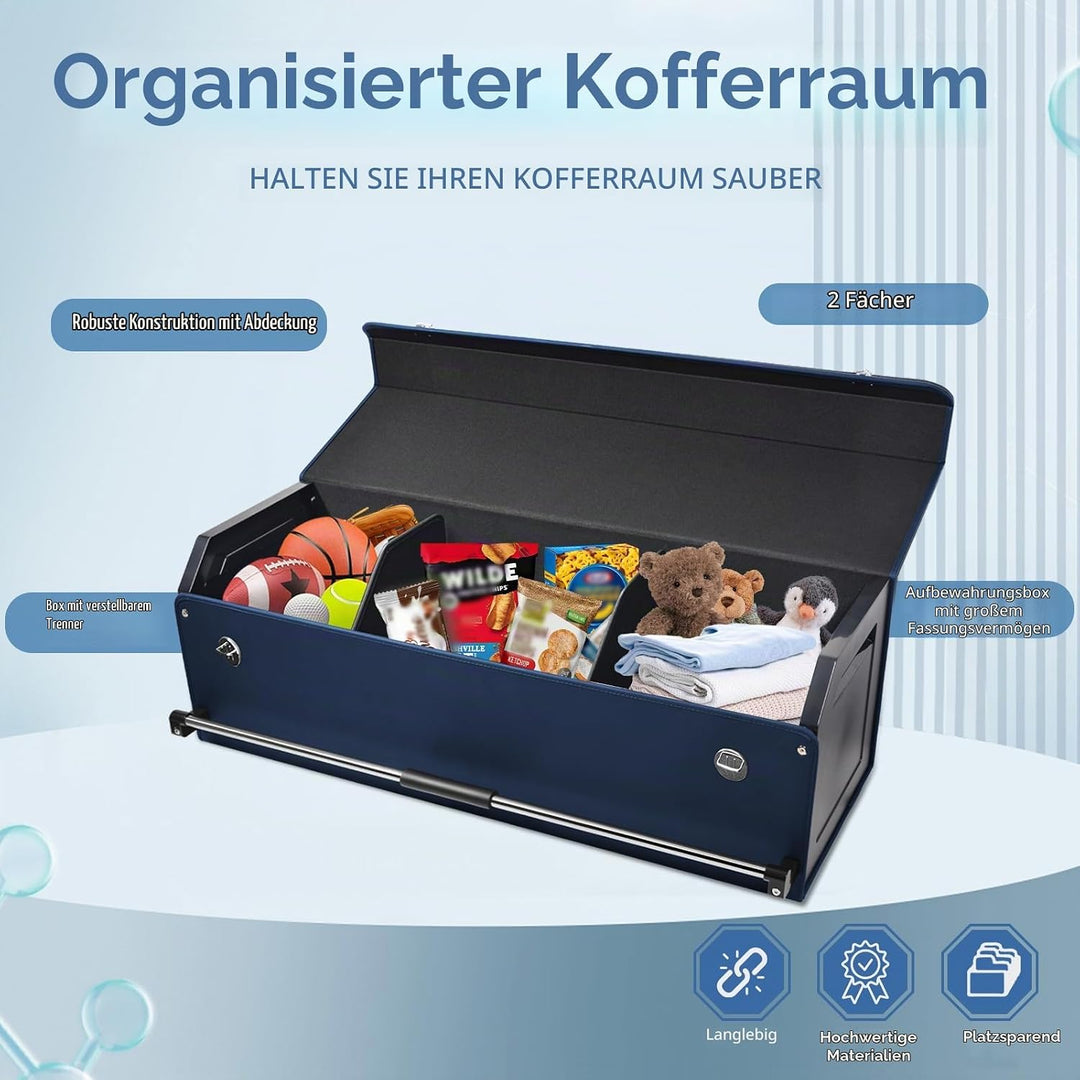 Auto Kofferraum Organizer mit Deckel, Aufbewahrungsbox Gross XXL und Stabilem Griff, 90L Premium Led