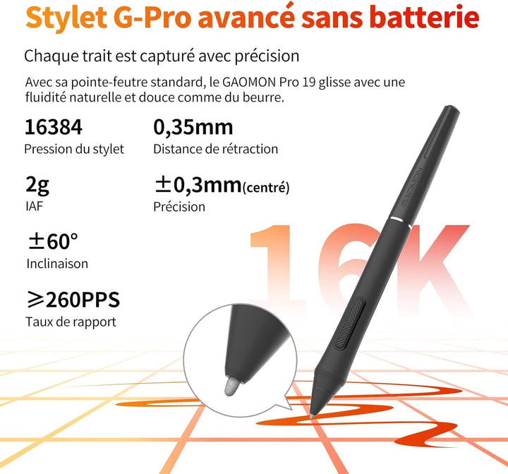 GAOMON Pro 19 Grafiktablett mit Display, G-Pro Stift mit 16384 Druckstufen,18,4 Zoll 4K UHD Immersiv