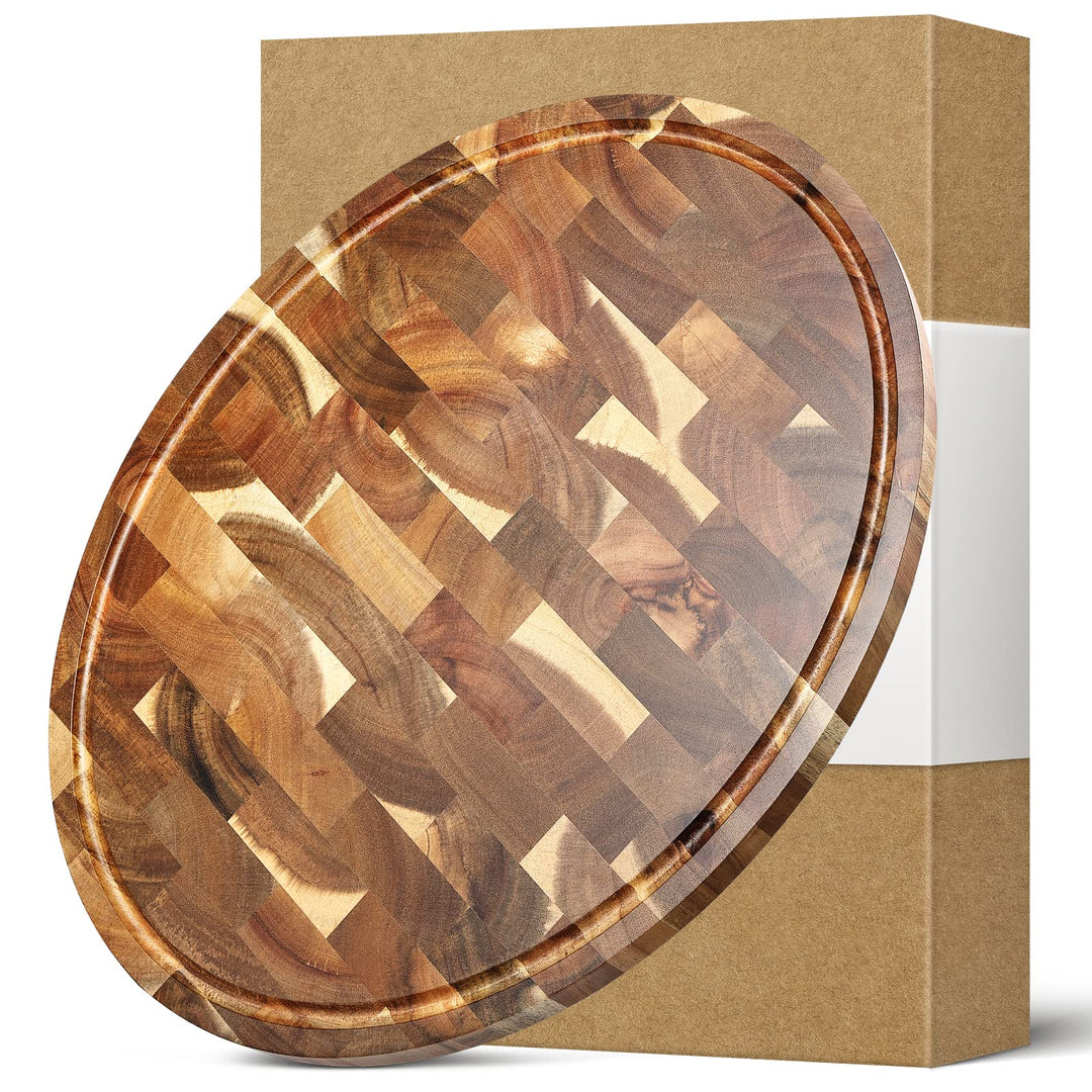 HEZHEN Akazienholz Hackbretter, Hirnholzmaserung Schneidebrett Eingebaute Saftrinne,Ovale Servierbre