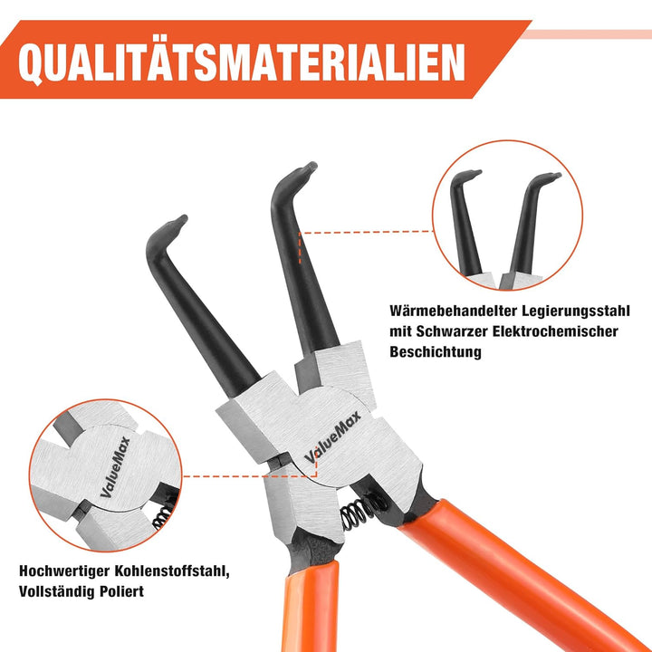 ValueMax Sprengringzangensatz 4tlg.,Sicherungsringzange Set 180mm mit Tasche, für Innen- und Aussens