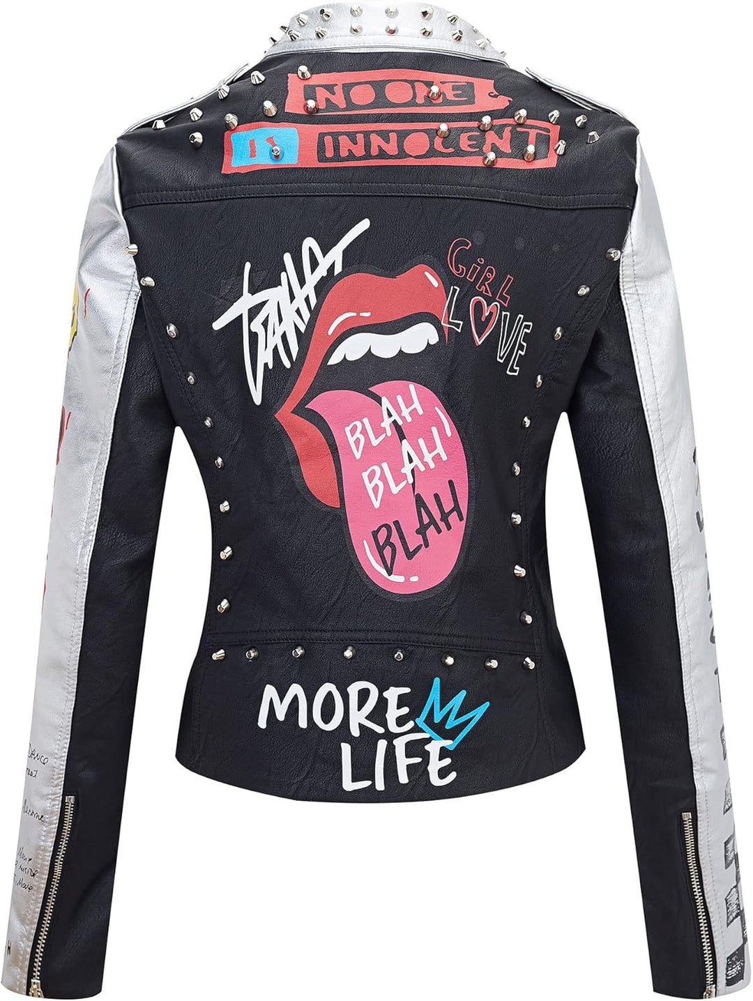 Giolshon Damen Kunstleder Jacke Nieten Floral Moto Biker Kurzer Revers Mantel XXL Silber schwarz, XX