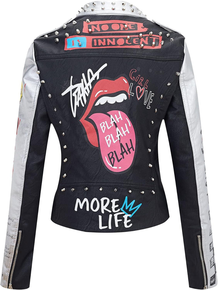 Giolshon Damen Kunstleder Jacke Nieten Floral Moto Biker Kurzer Revers Mantel XXL Silber schwarz, XX