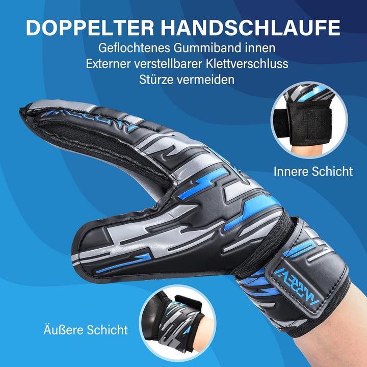 Anrrew Fussball Torwarthandschuhe mit Fingerschutz und doppeltem Handgelenkschutz. Torwarthandschuhe
