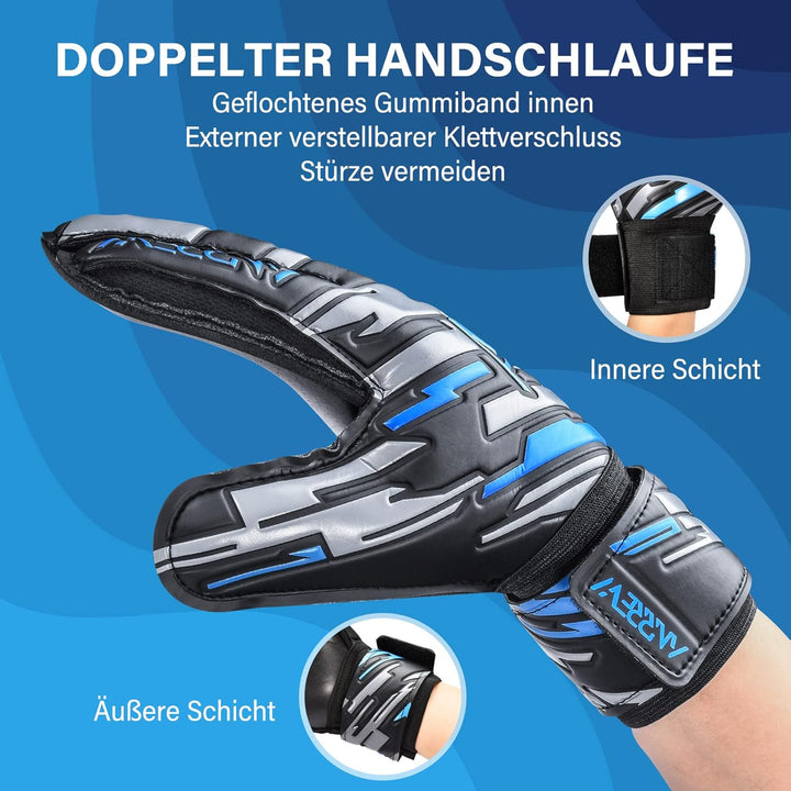 Anrrew Fussball Torwarthandschuhe mit Fingerschutz und doppeltem Handgelenkschutz. Torwarthandschuhe
