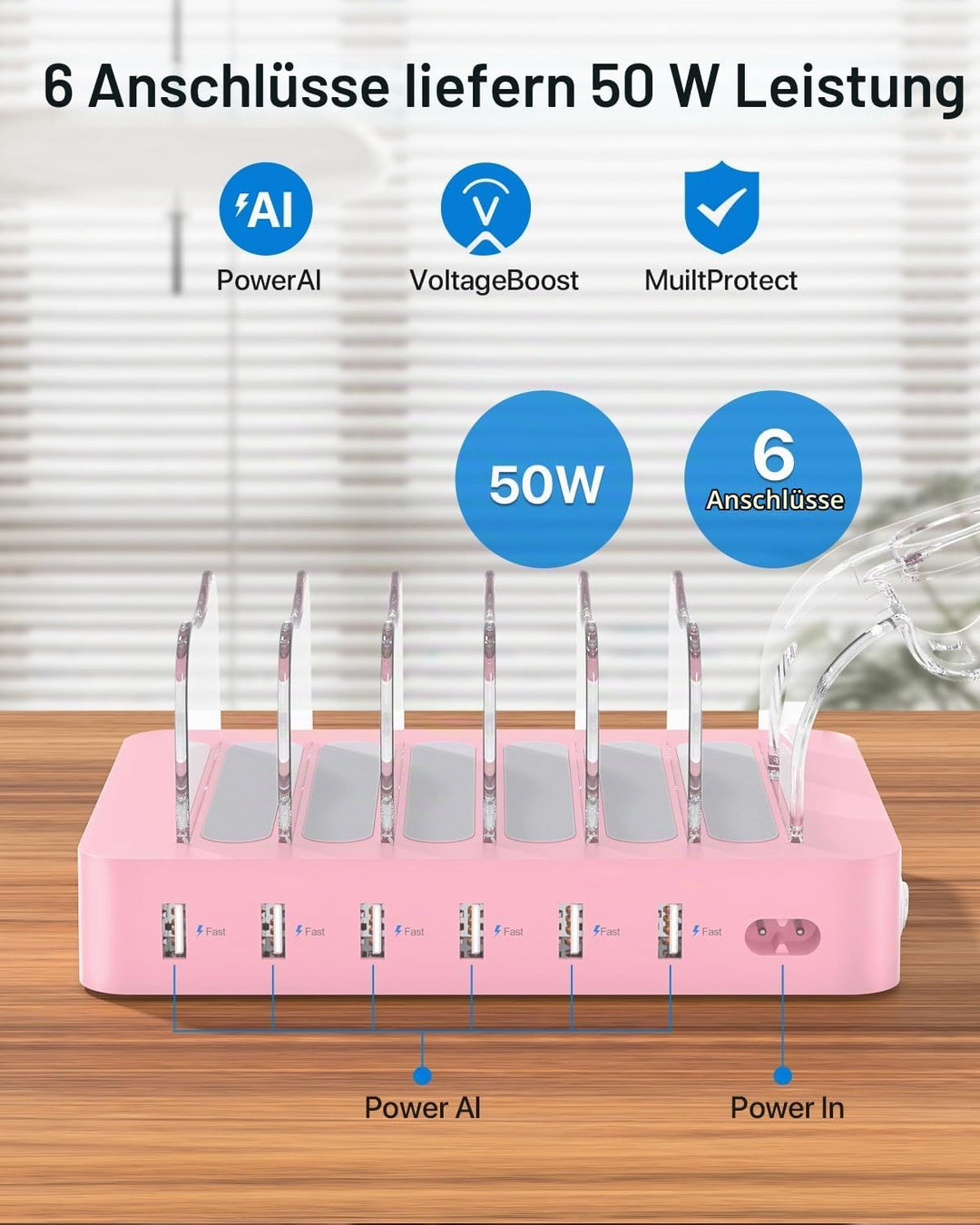 SooPii USB-Ladestation Organizer für mehrere Geräte, 6 Ports 50W Ladestation mit 6 Kabeln und aktual